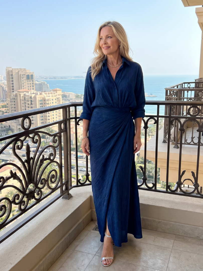 Women's Flowy Maxi Dress with Wrap Bodice and Long Sleeves