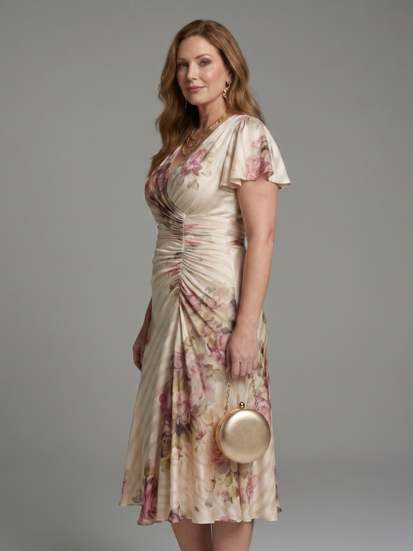 Women's Flutter Sleeve Wrap Midi Dress with V Neck