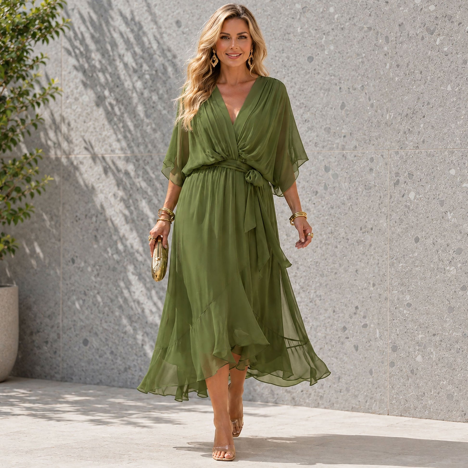 Women's Wedding Guest Maxi Dress with V-Neck
