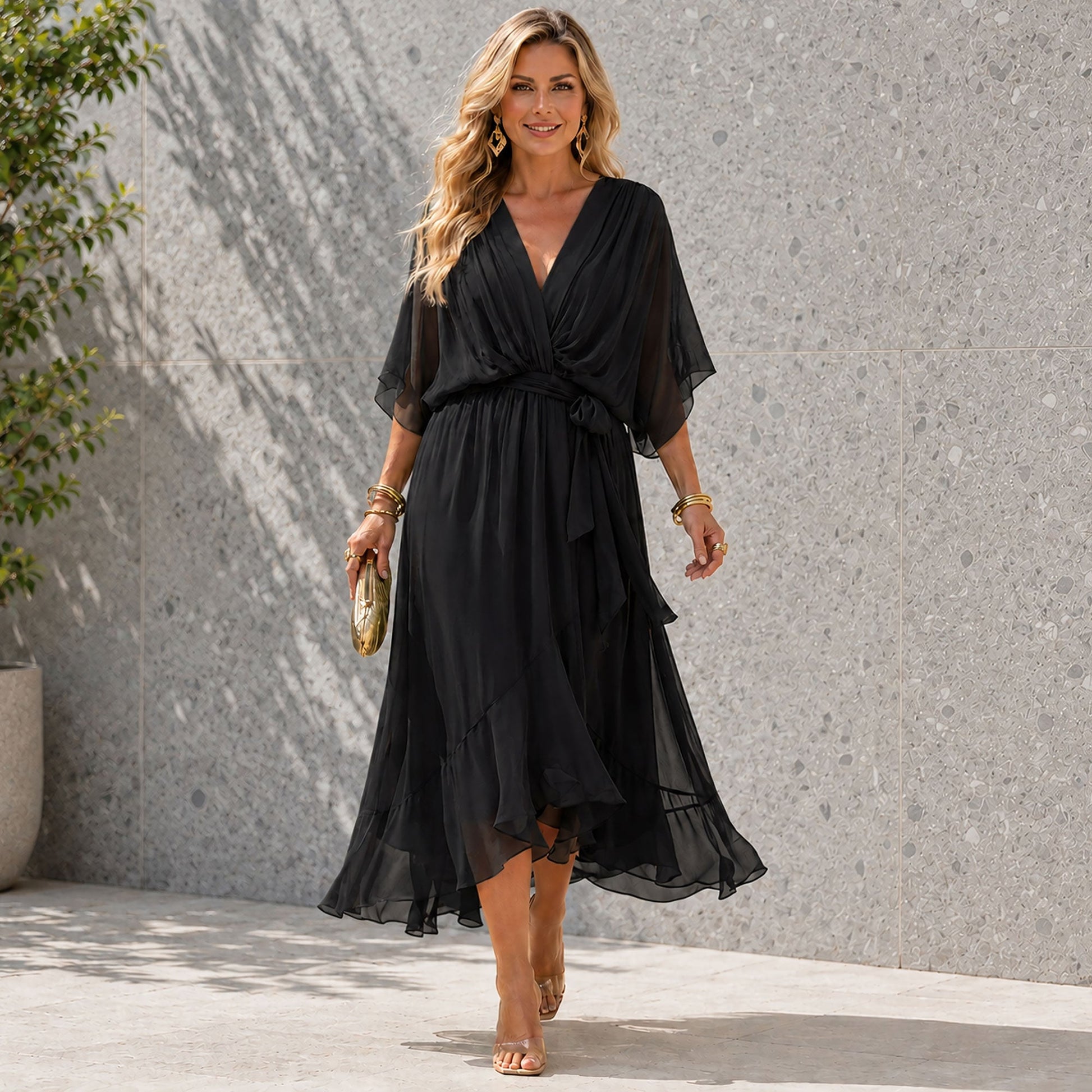 Women's Wedding Guest Maxi Dress with V-Neck
