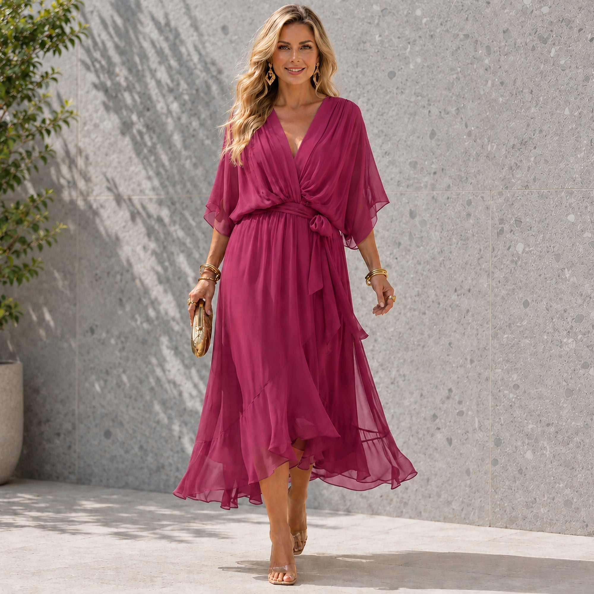 Women's Wedding Guest Maxi Dress with V-Neck