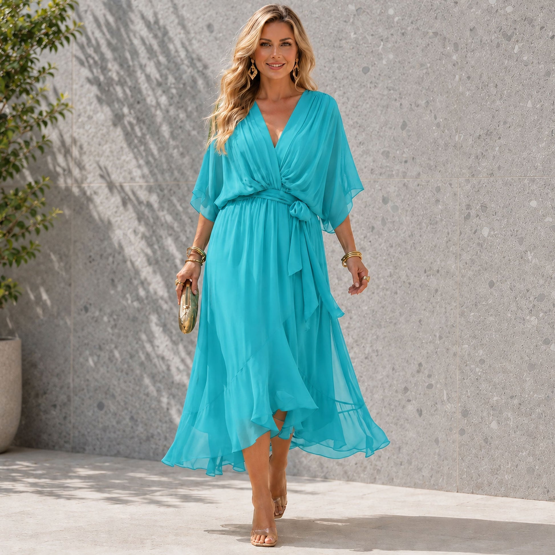Women's Wedding Guest Maxi Dress with V-Neck