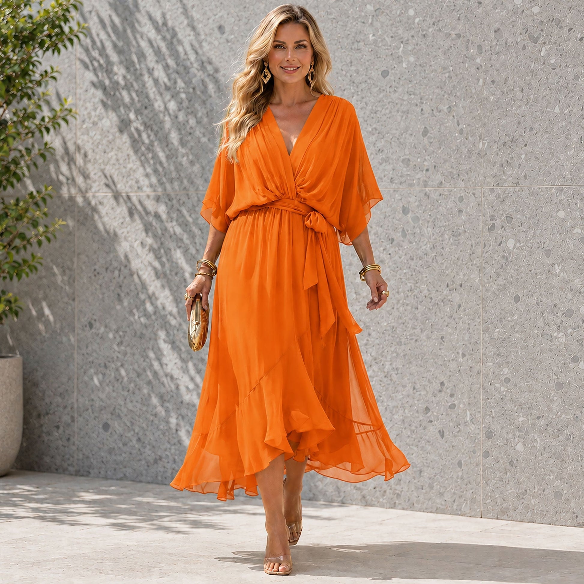 Women's Wedding Guest Maxi Dress with V-Neck