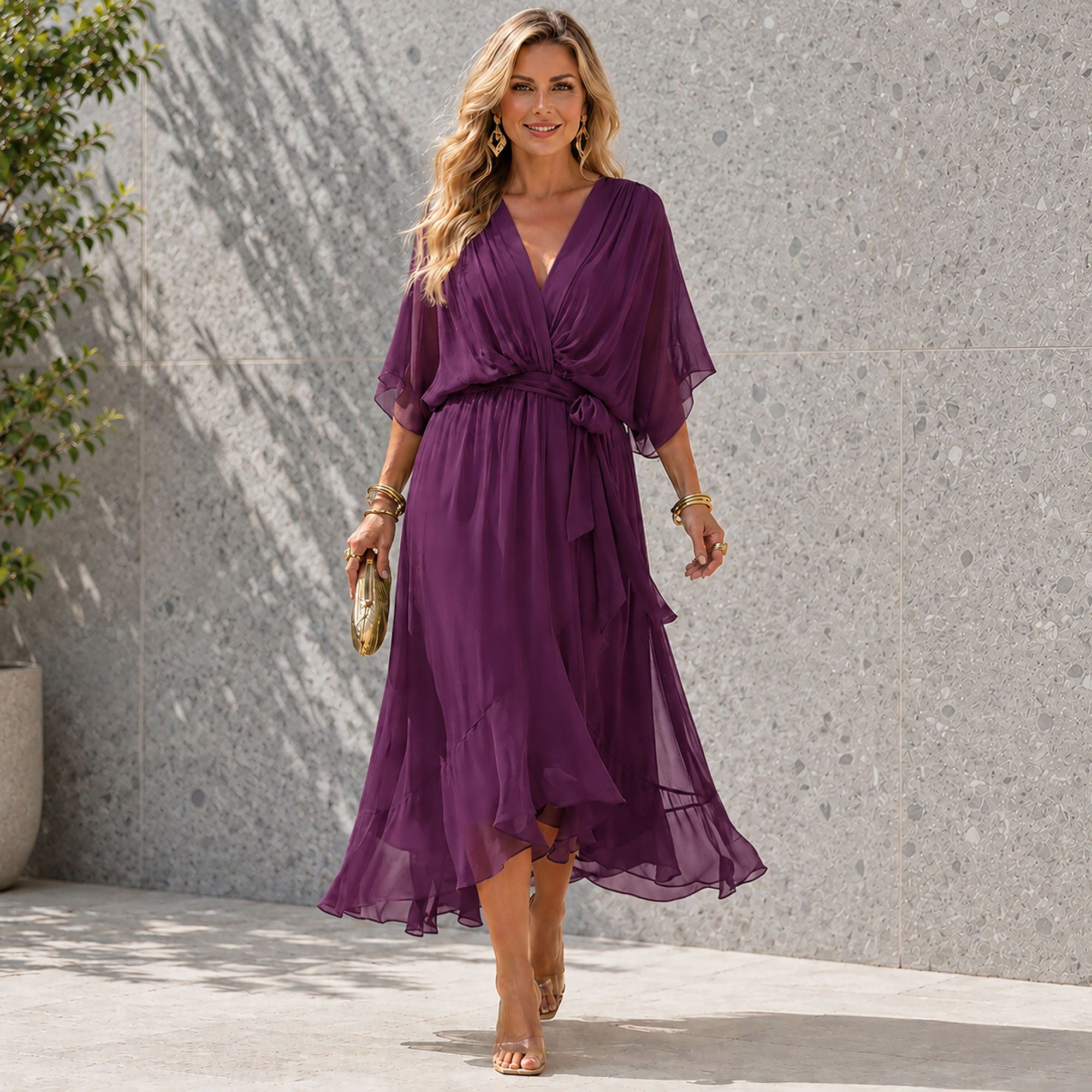 Women's Wedding Guest Maxi Dress with V-Neck