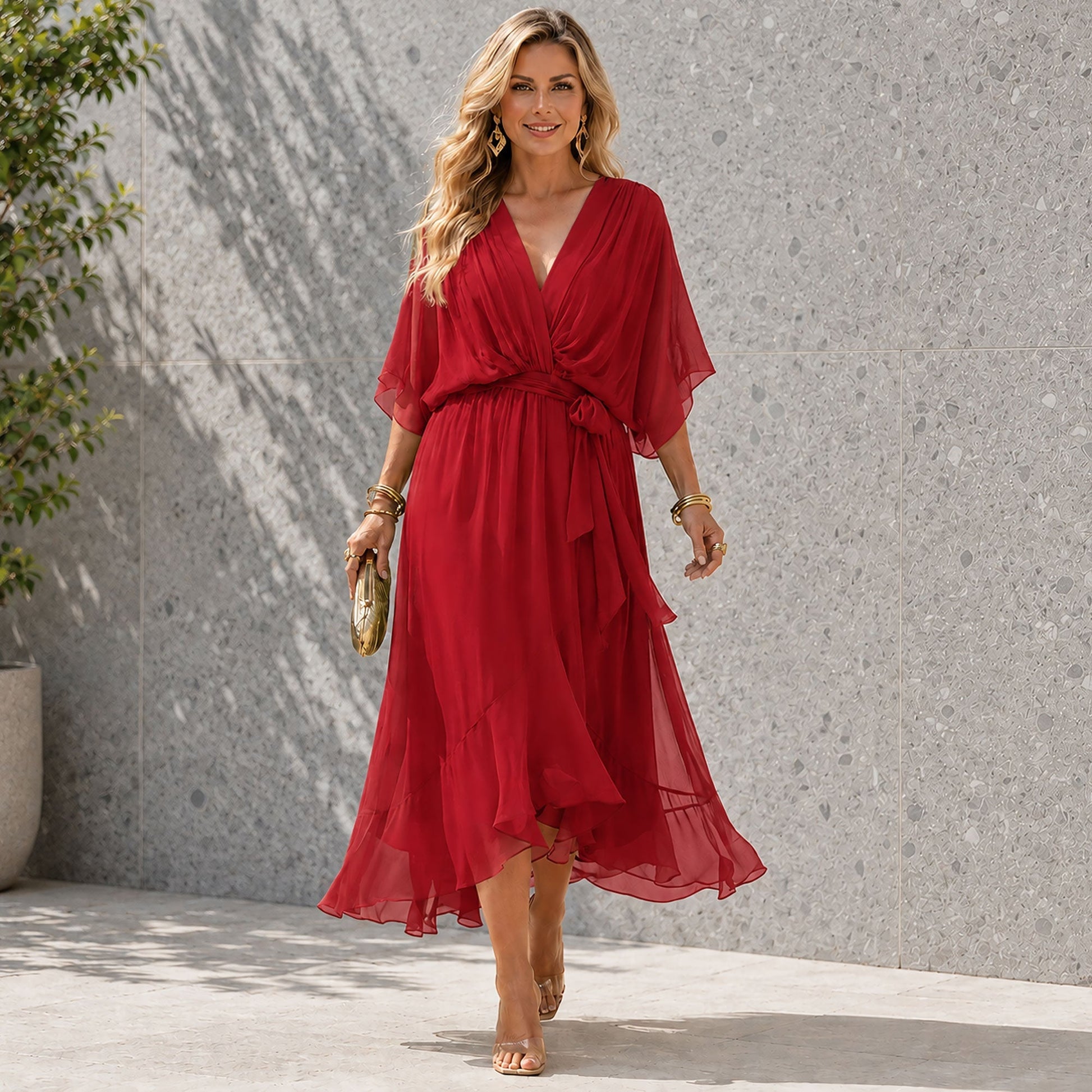 Women's Wedding Guest Maxi Dress with V-Neck