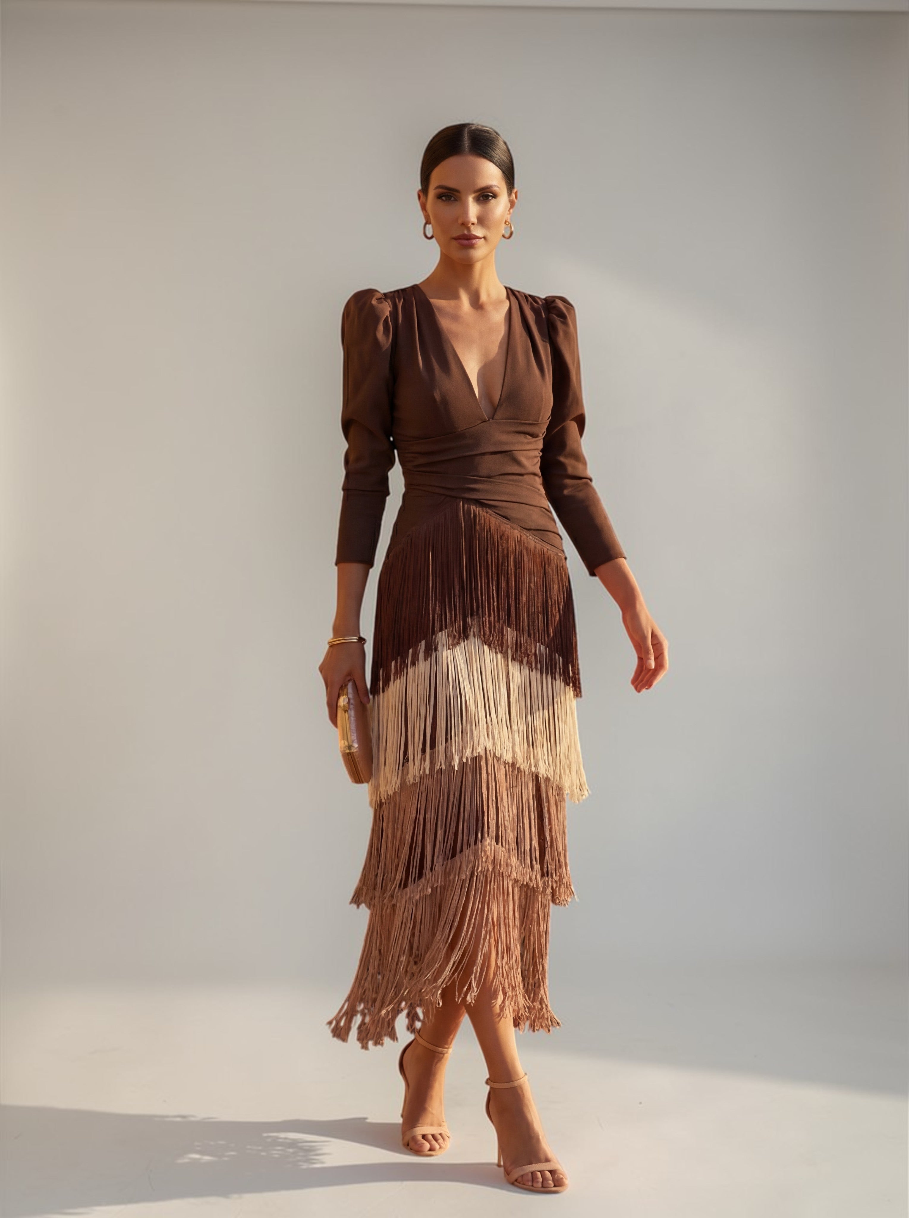 Women's Fringed V-Neck Midi Dress