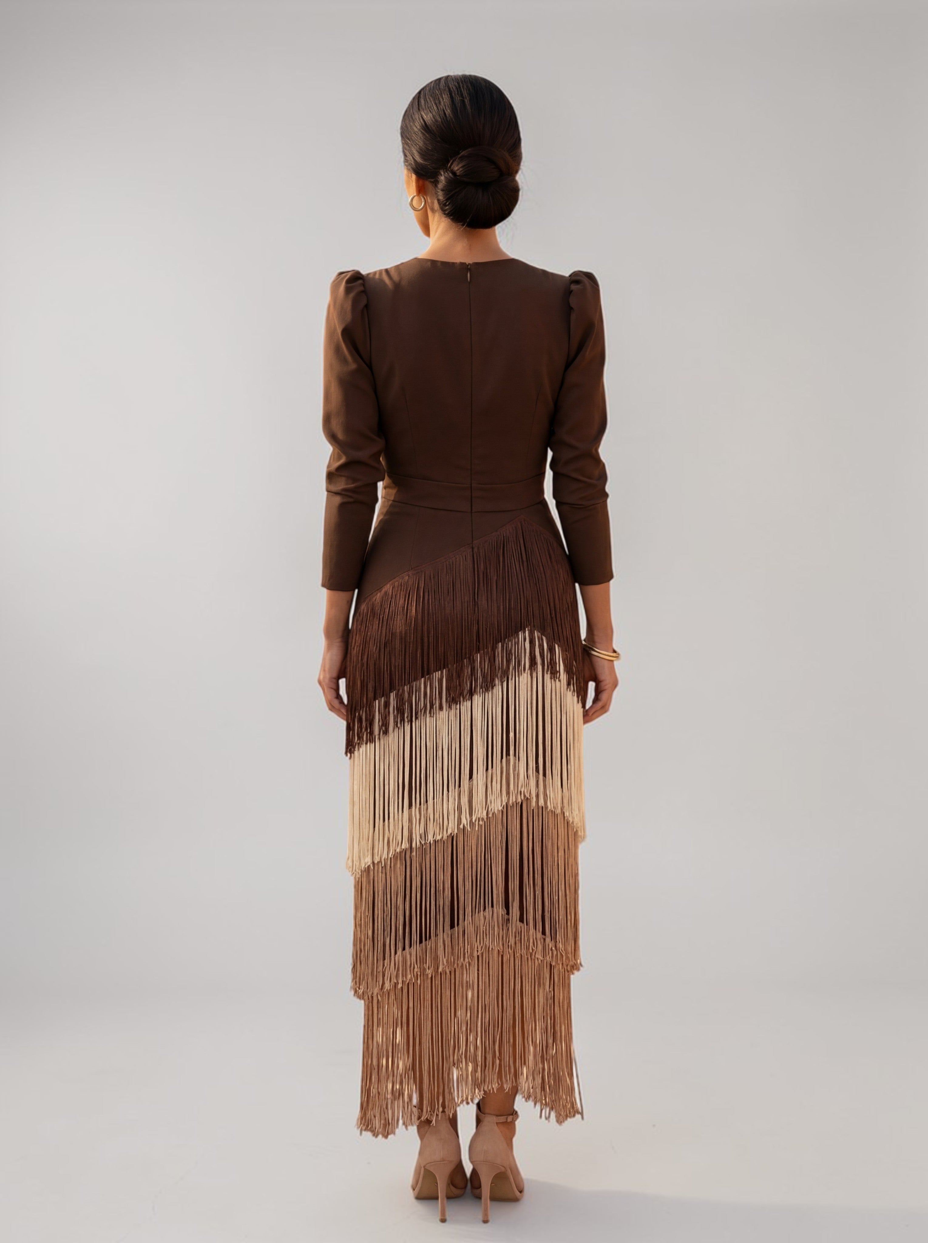 Women's Fringed V-Neck Midi Dress