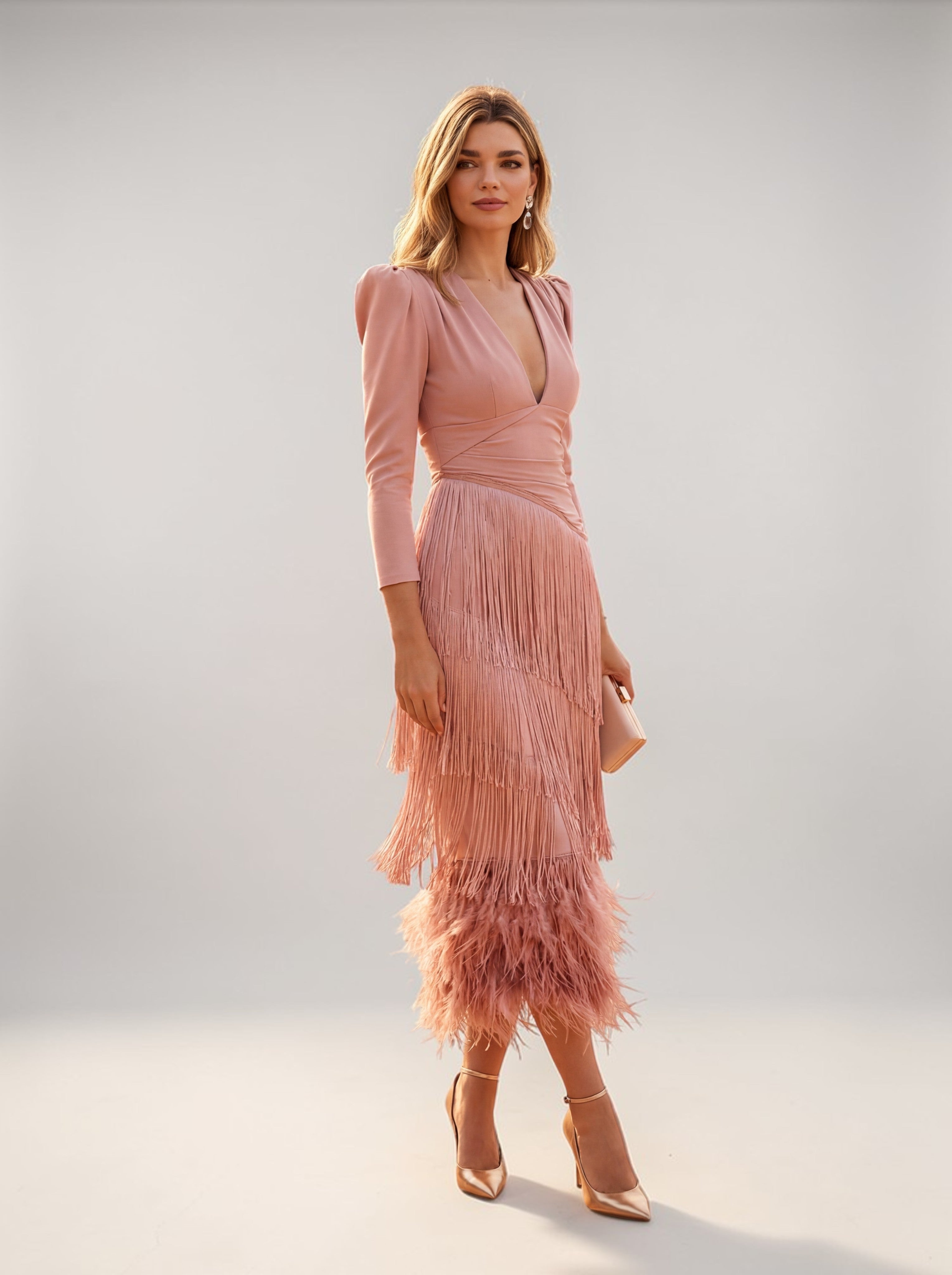 Women's Fringed V-Neck Midi Dress