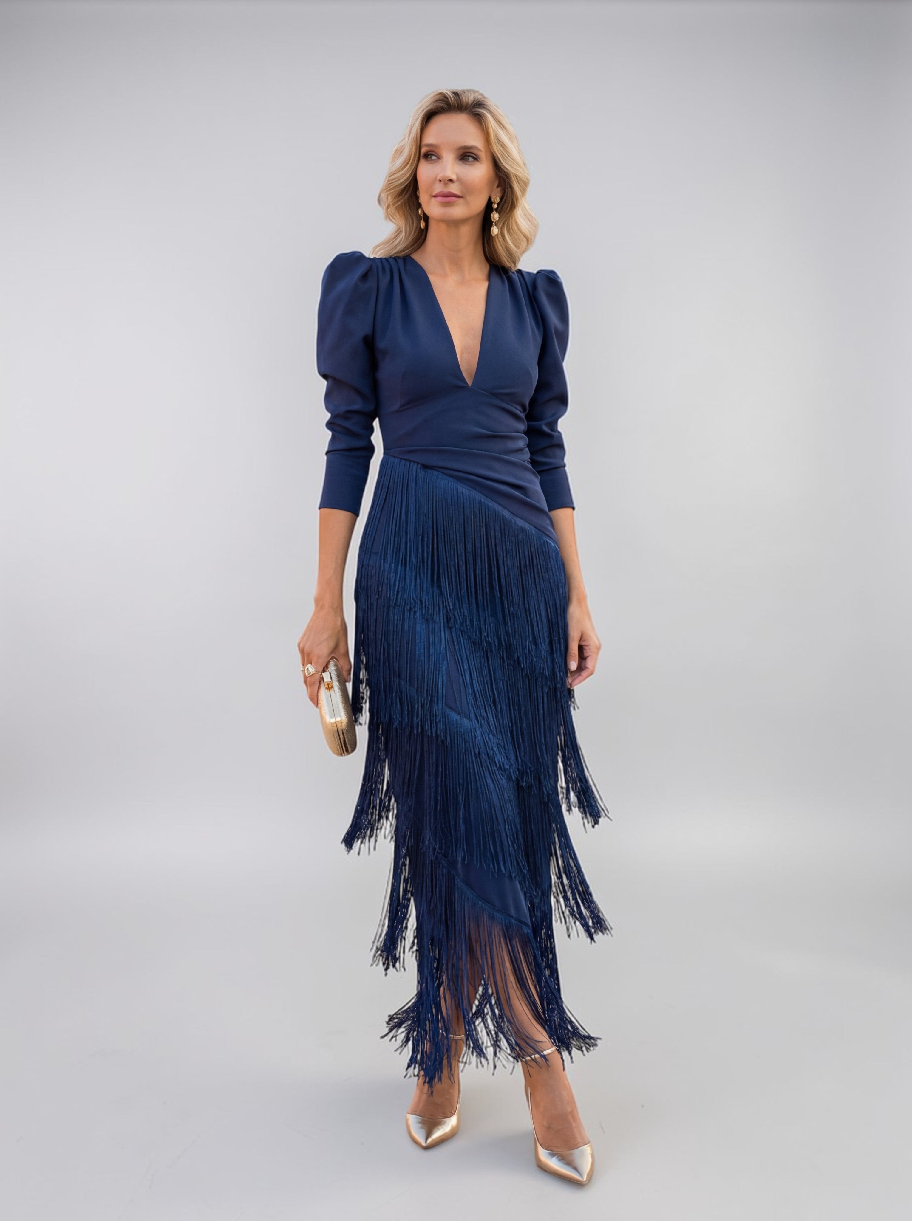 Women's Fringed V-Neck Midi Dress