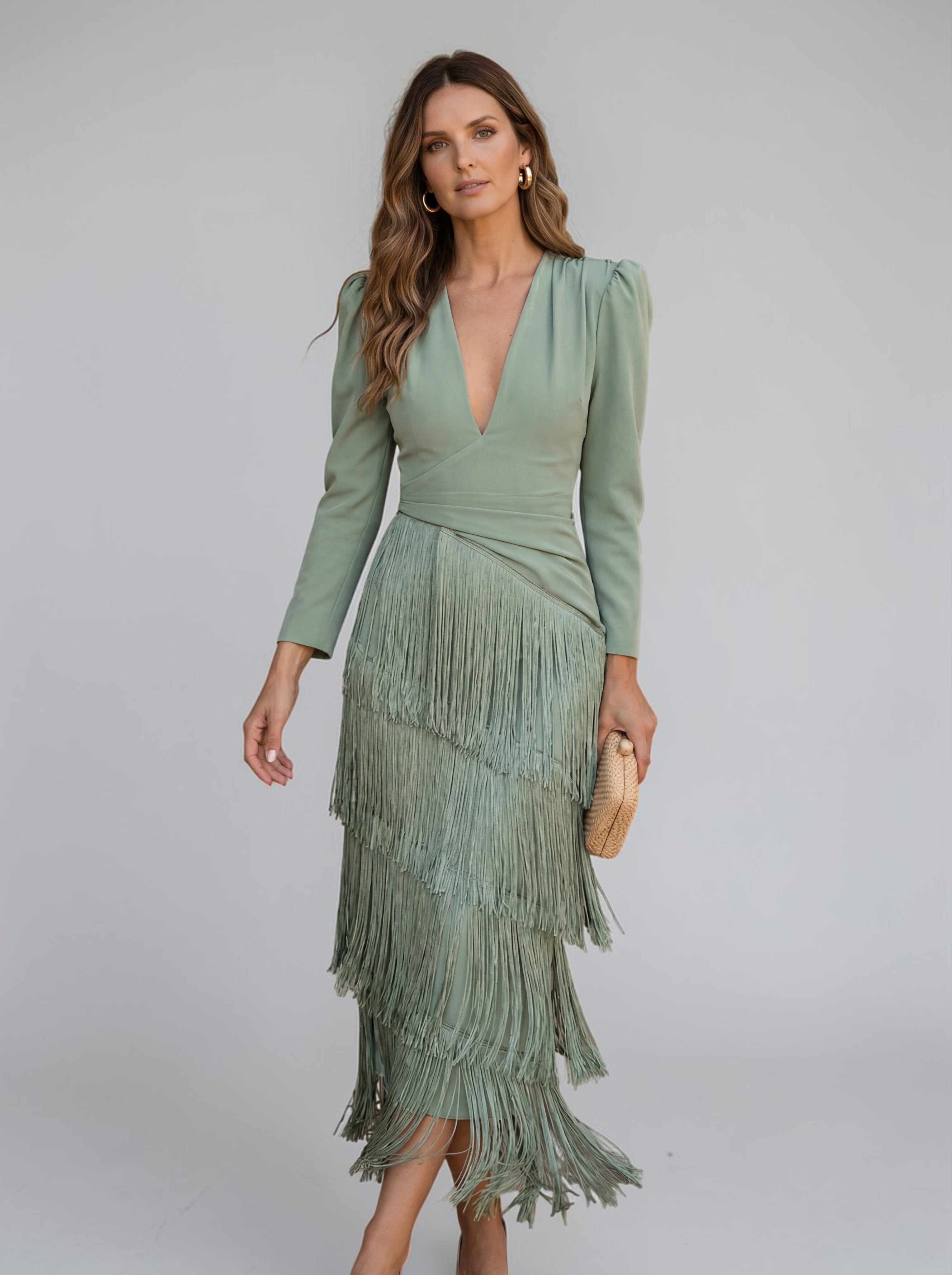 Women's Fringed V-Neck Midi Dress