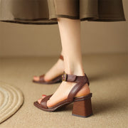 Women's Block Heel Sandals in Genuine Leather with Adjustable Buckle