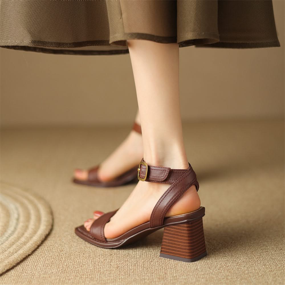 Women's Block Heel Sandals in Genuine Leather with Adjustable Buckle
