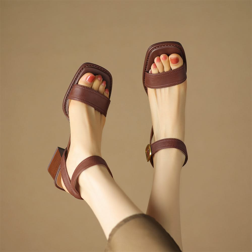 Women's Block Heel Sandals in Genuine Leather with Adjustable Buckle