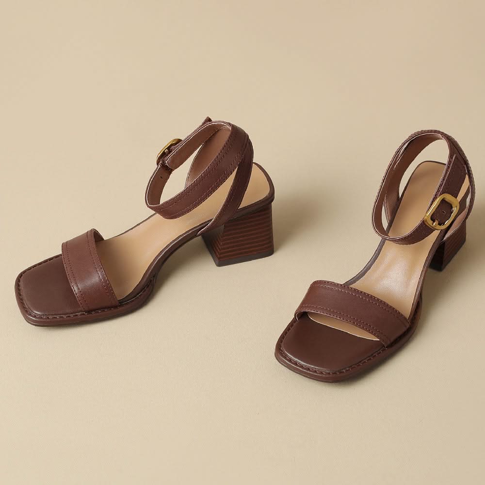 Women's Block Heel Sandals in Genuine Leather with Adjustable Buckle