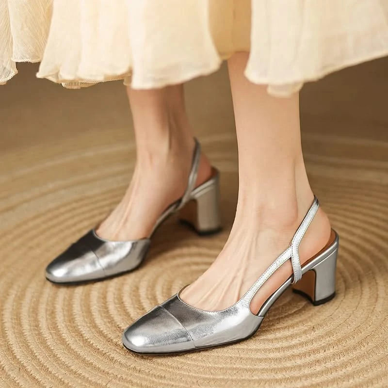Women's Round Toe Slingback Heels with Block Heel