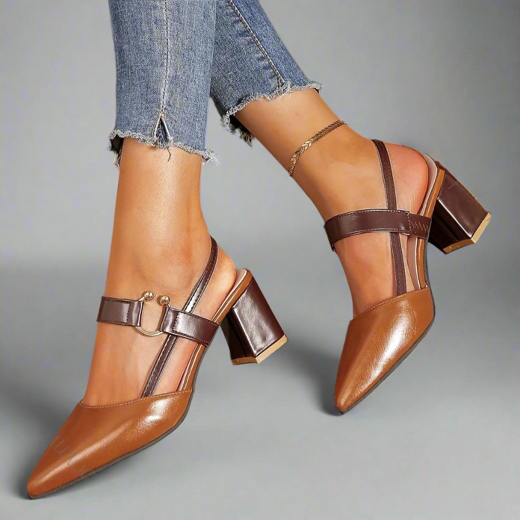 Women's Slingback Block Heels with Gold Accent