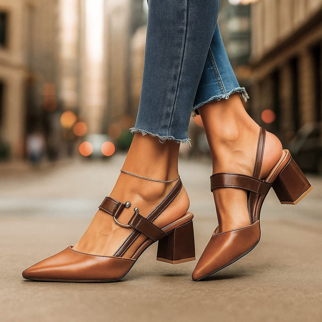 Women's Slingback Block Heels with Gold Accent