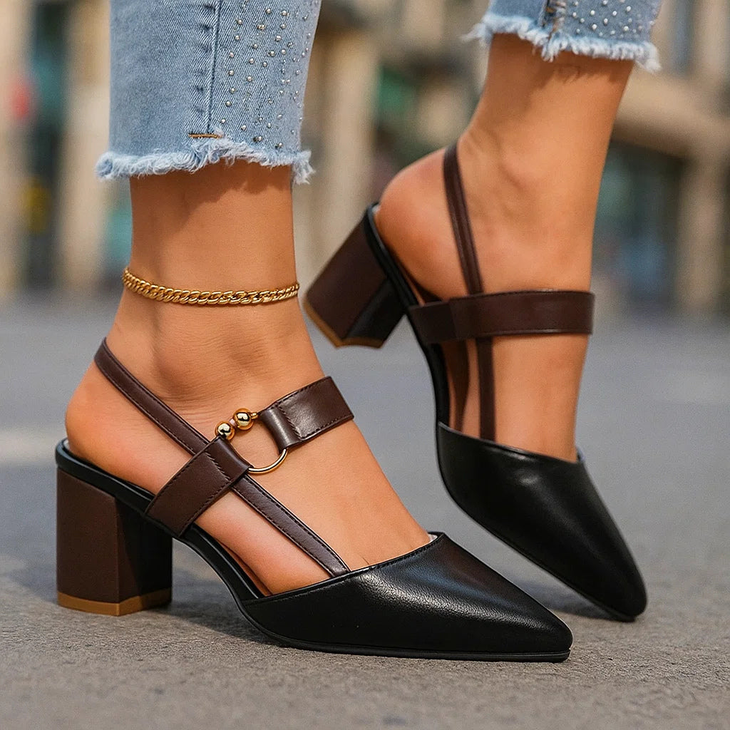 Women's Slingback Block Heels with Gold Accent