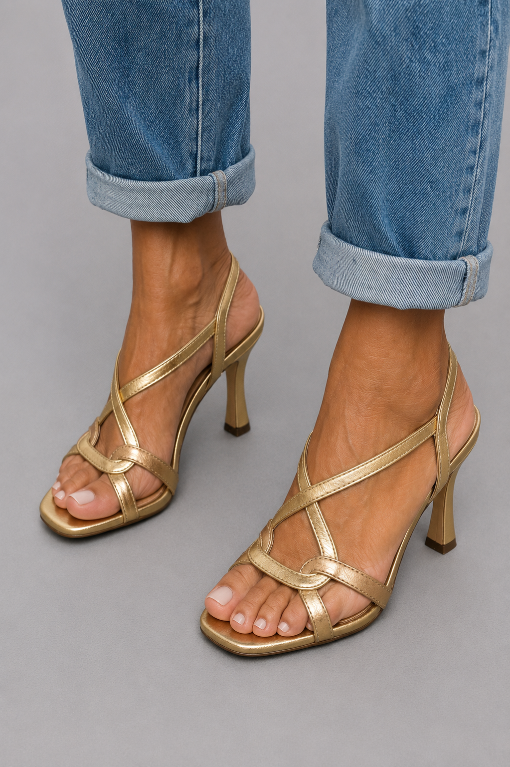Women's Gold Crossed Strap Heeled Sandals