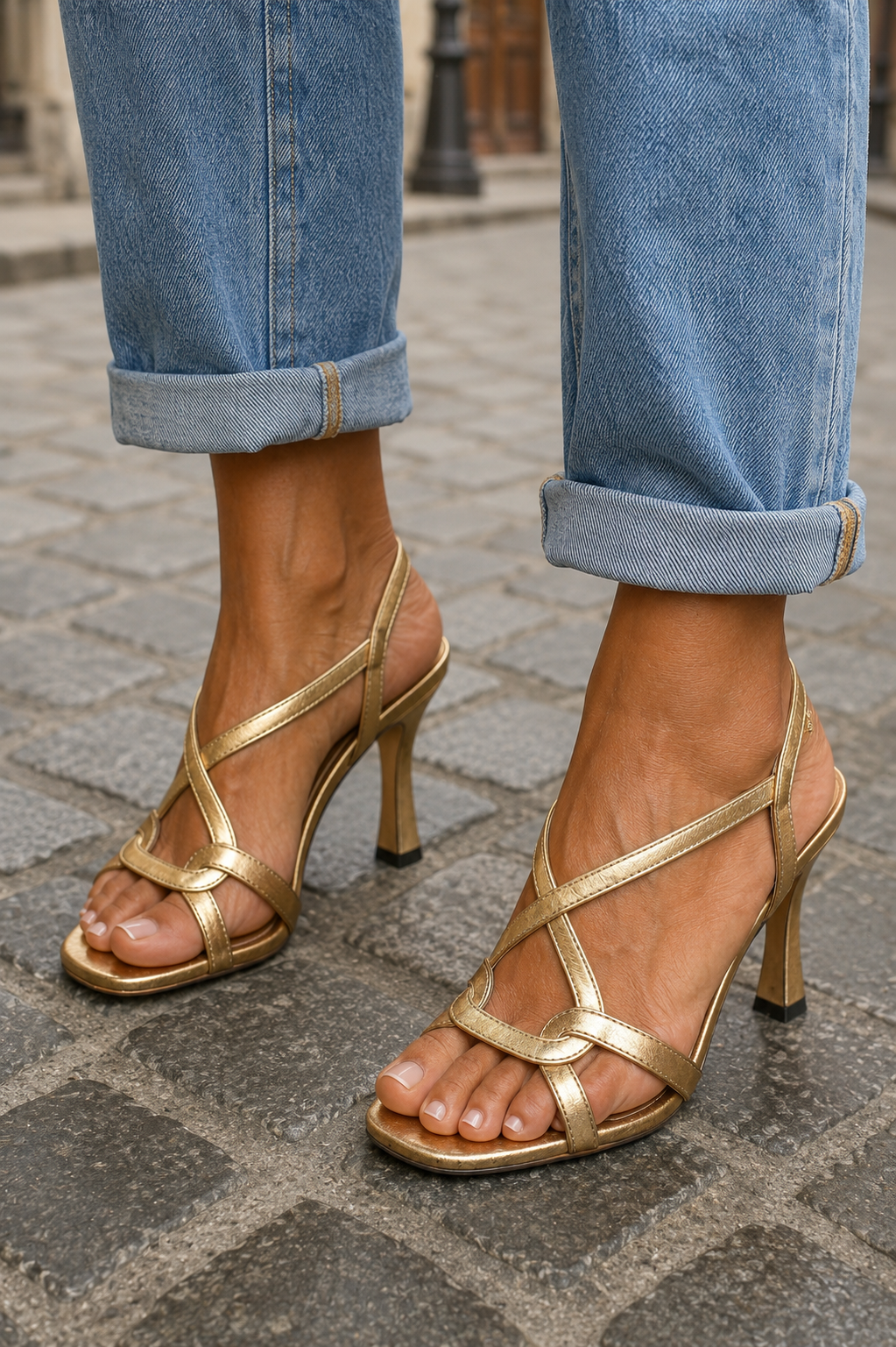 Women's Gold Crossed Strap Heeled Sandals