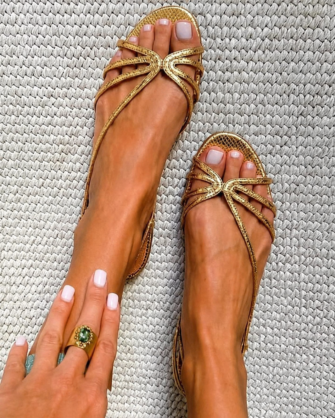 Women's Gold Finish Flat Sandals with Thin Straps