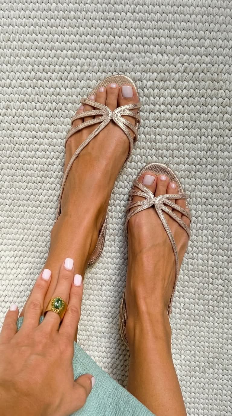 Women's Gold Finish Flat Sandals with Thin Straps
