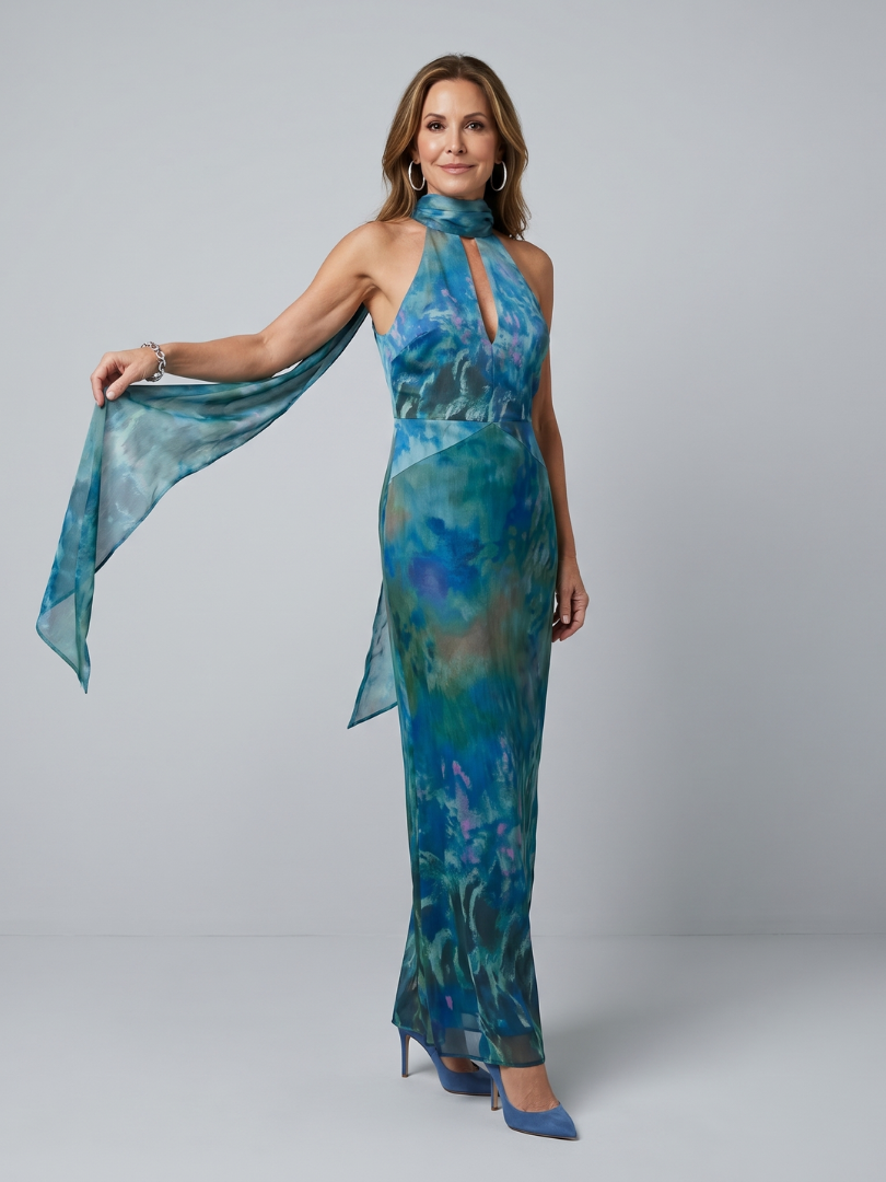 Women's Halter Neck Keyhole Maxi Dress with Sheer Scarf Detail