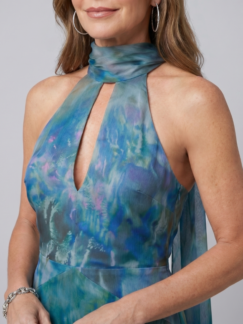 Women's Halter Neck Keyhole Maxi Dress with Sheer Scarf Detail
