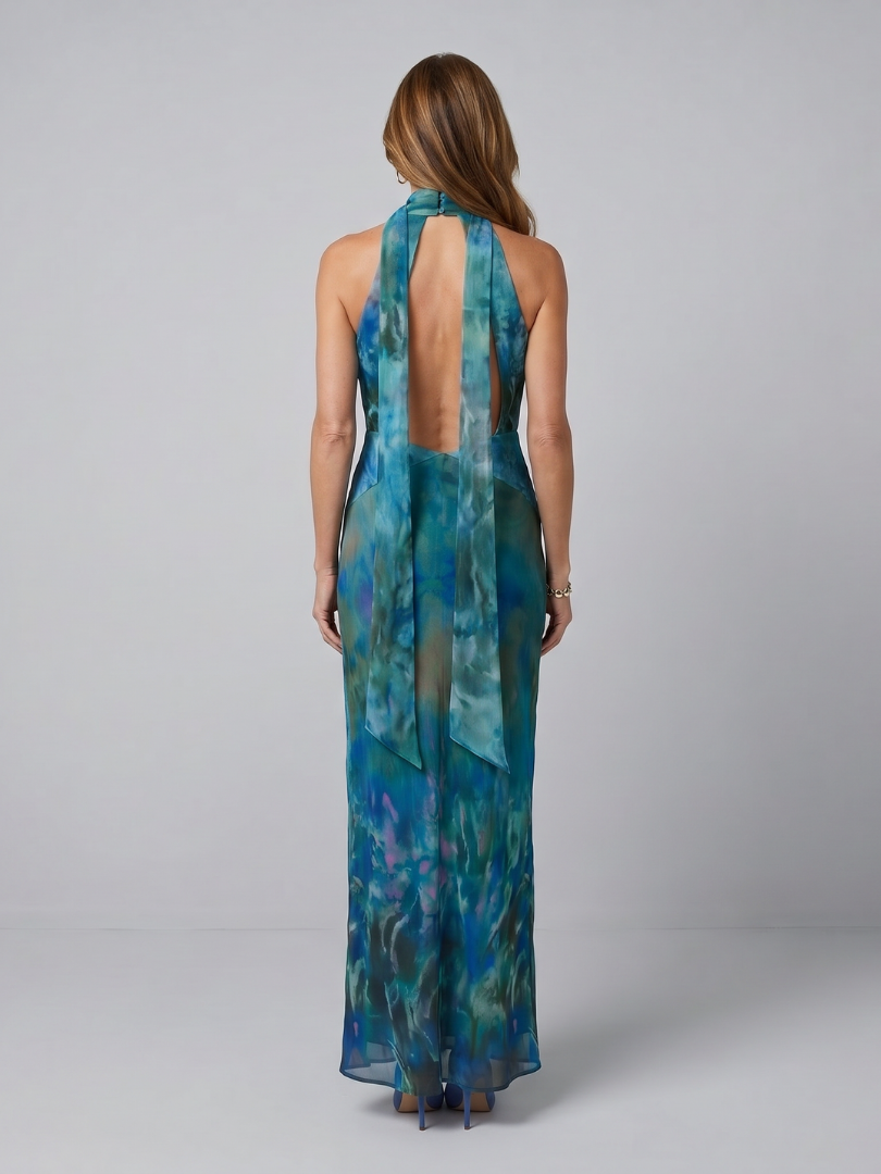 Women's Halter Neck Keyhole Maxi Dress with Sheer Scarf Detail