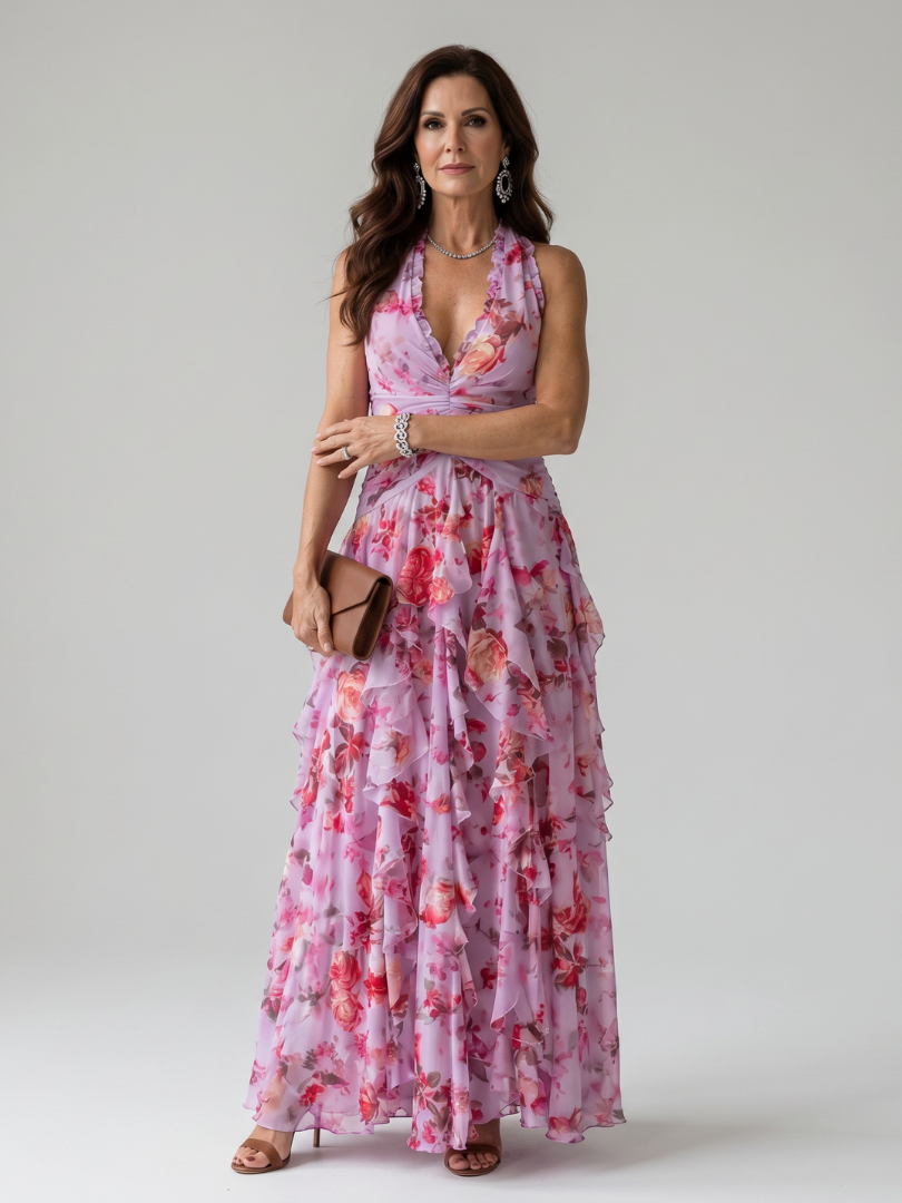 Women's Halter Neck Maxi Dress with Ruched Layered Skirt