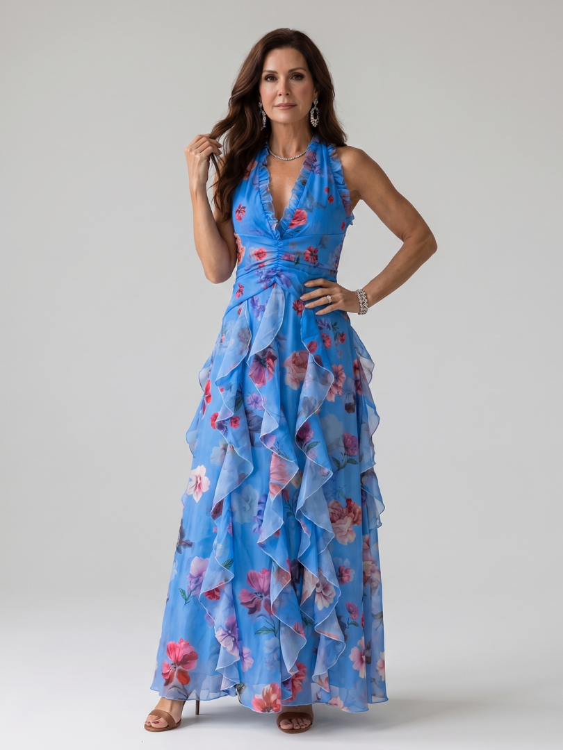 Women's Halter Neck Maxi Dress with Ruched Layered Skirt