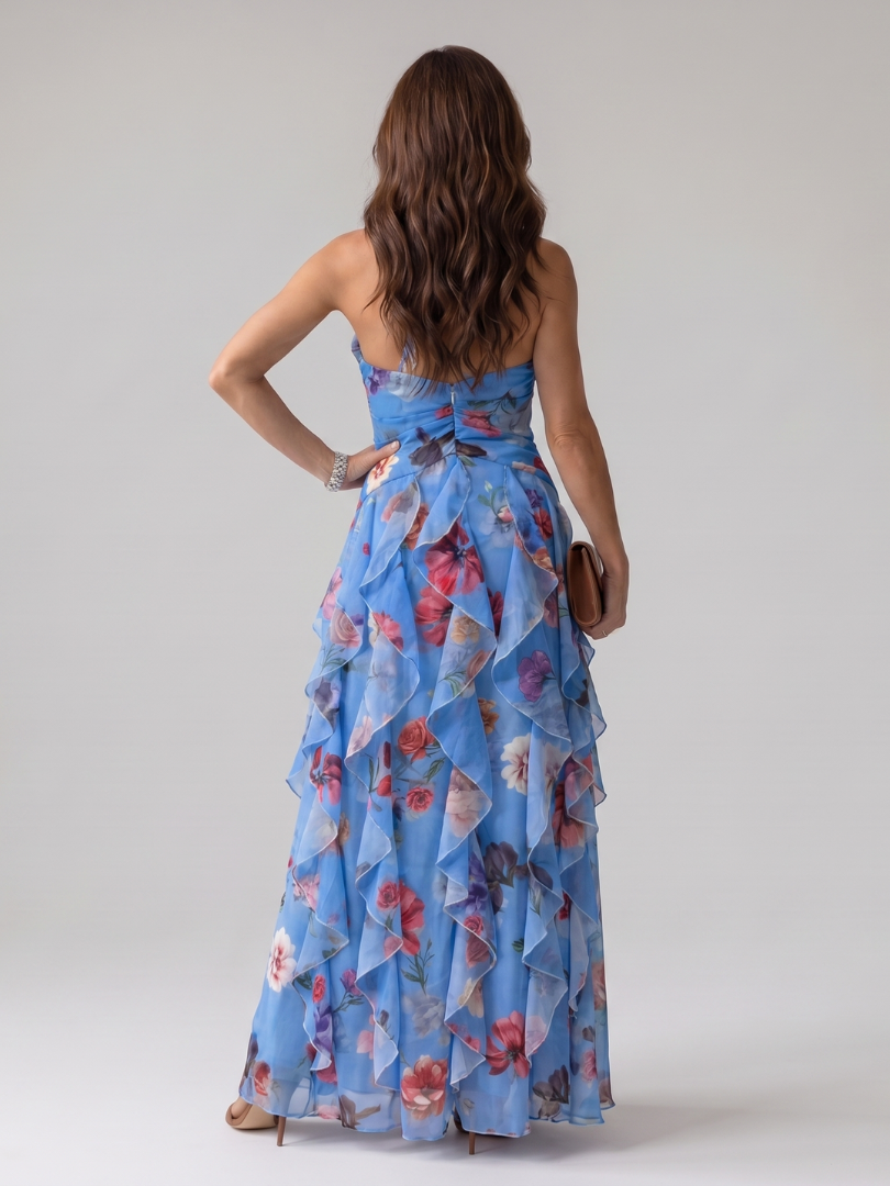 Women's Halter Neck Maxi Dress with Ruched Layered Skirt