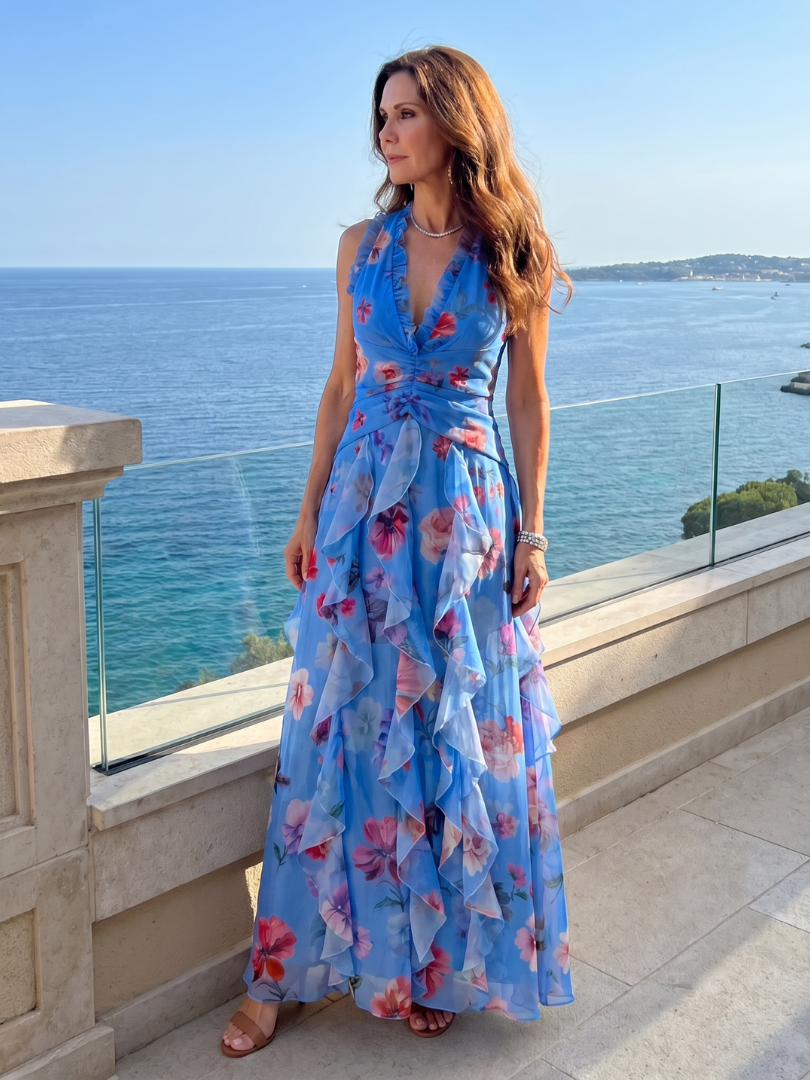 Women's Halter Neck Maxi Dress with Ruched Layered Skirt