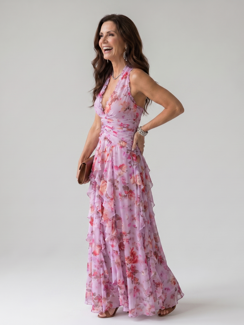 Women's Halter Neck Maxi Dress with Ruched Layered Skirt