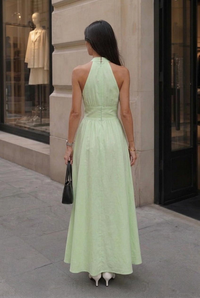Women's Halter V-Neck A-Line Maxi Dress with Gathered Bodice