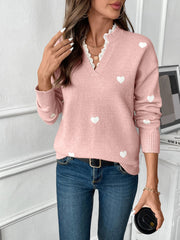 Women's Heart Print Knit Sweater with Lace V-Neck