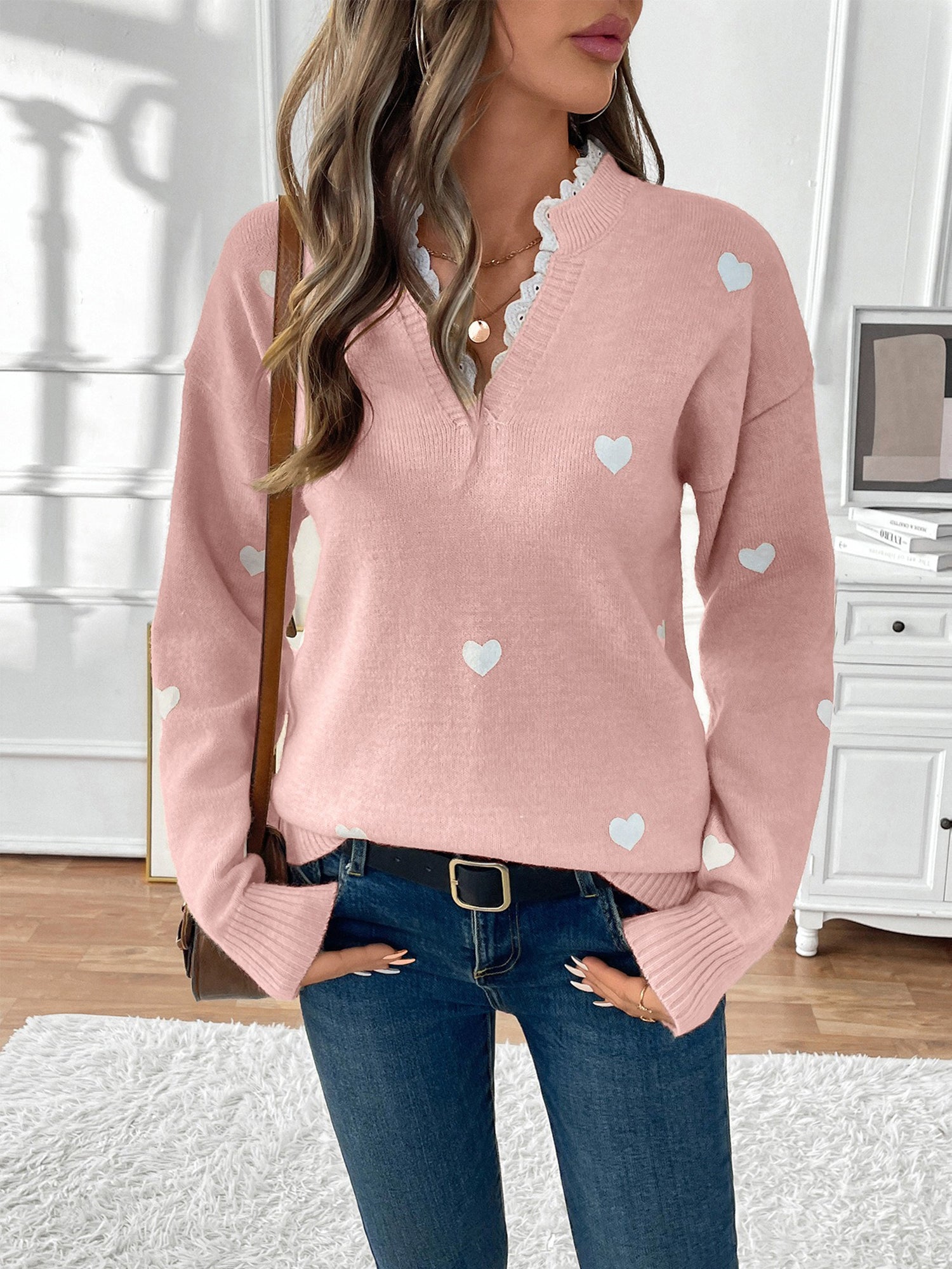 Women's Heart Print Knit Sweater with Lace V-Neck