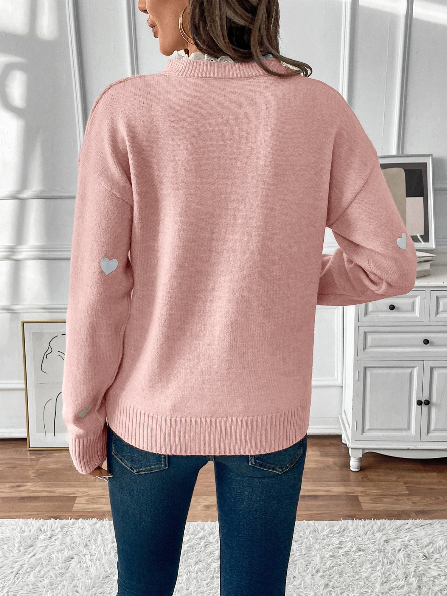 Women's Heart Print Knit Sweater with Lace V-Neck