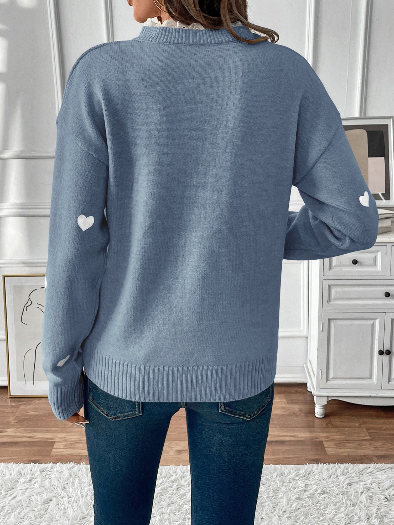 Women's Heart Print Knit Sweater with Lace V-Neck