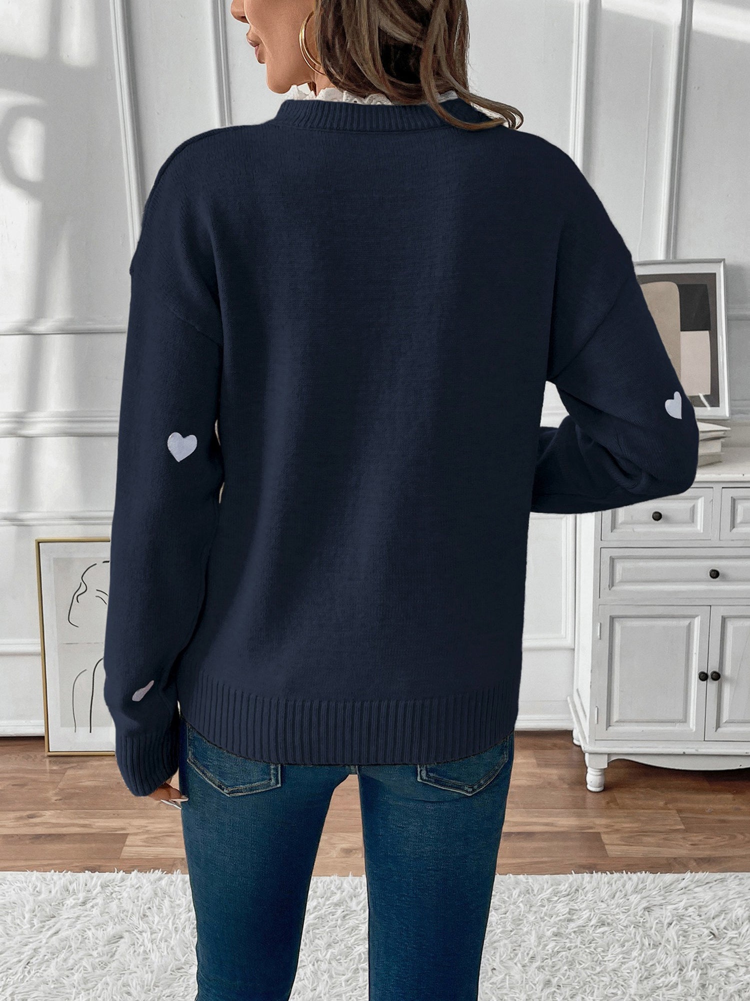 Women's Heart Print Knit Sweater with Lace V-Neck