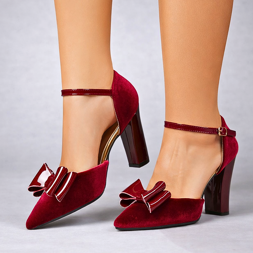 Women's Velvet Block Heel Pumps with Bow and Ankle Strap
