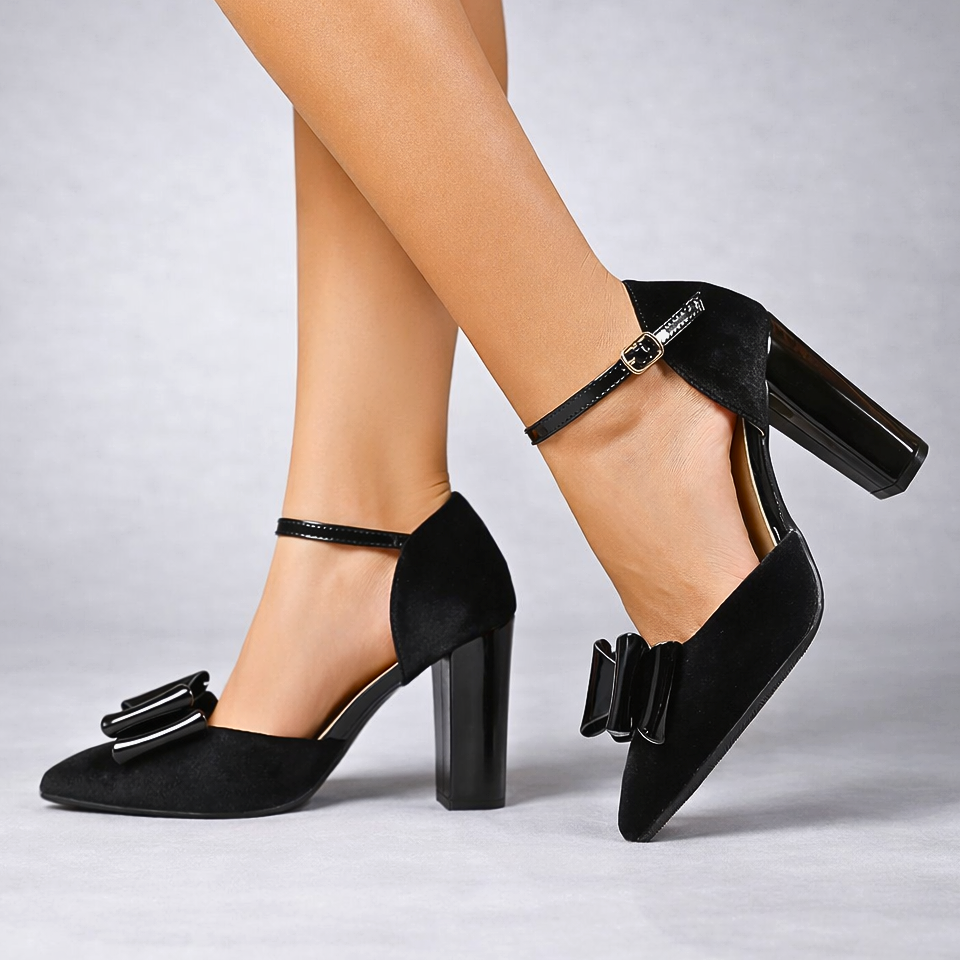 Women's Velvet Block Heel Pumps with Bow and Ankle Strap