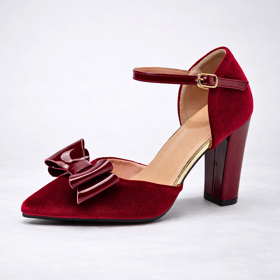 Women's Velvet Block Heel Pumps with Bow and Ankle Strap
