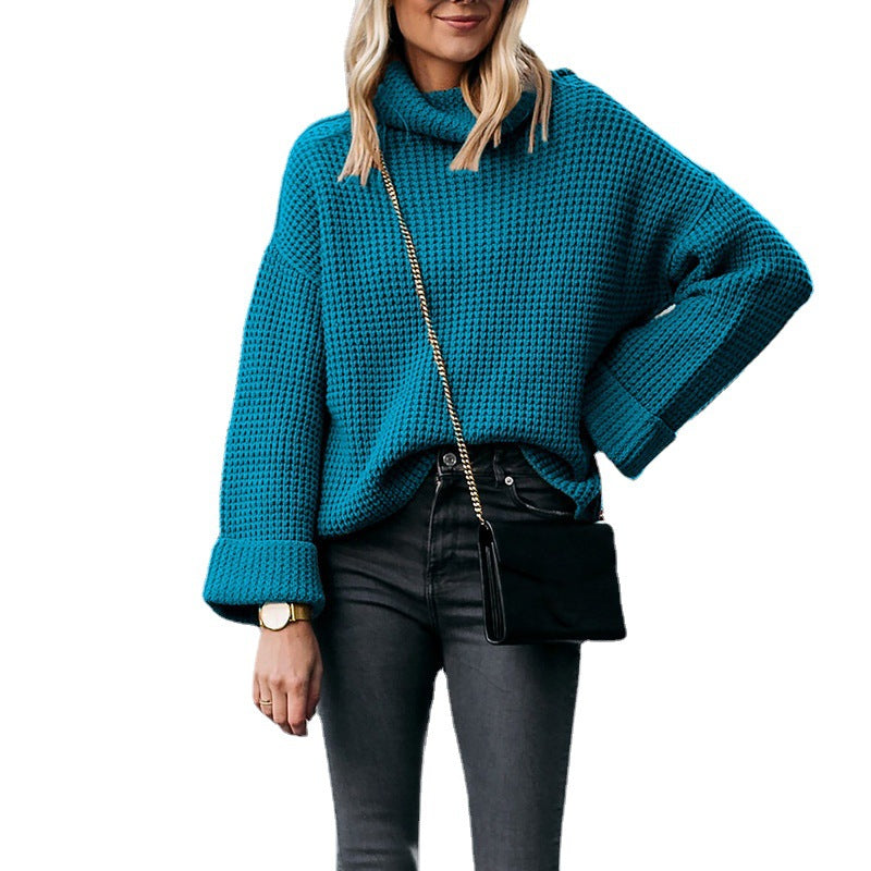 Women's High Collar Knit Sweater with Relaxed Fit