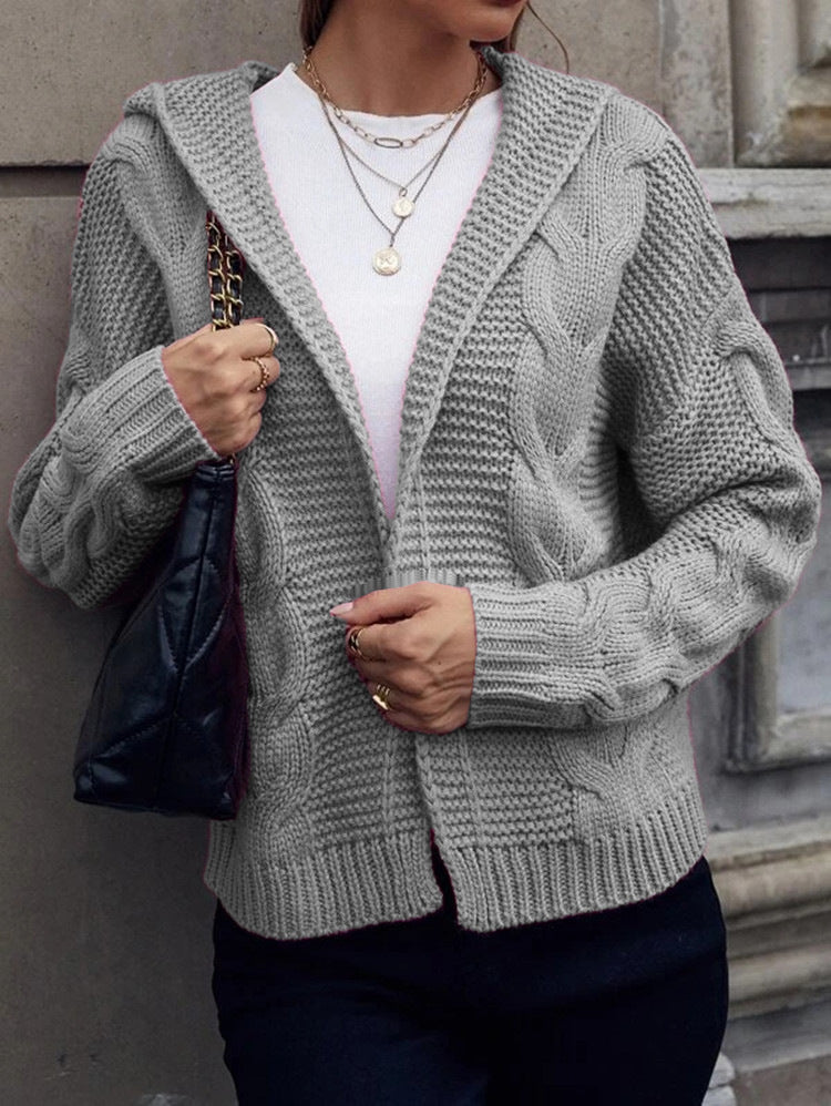 Women's Hooded Cable Knit Cardigan with Relaxed Fit