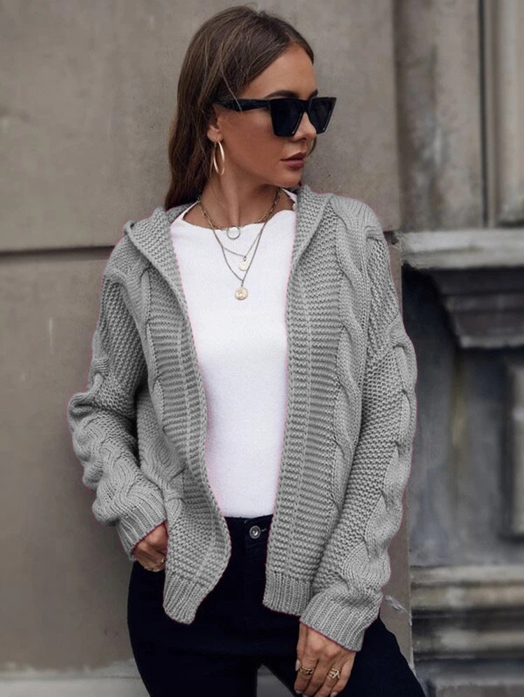 Women's Hooded Cable Knit Cardigan with Relaxed Fit
