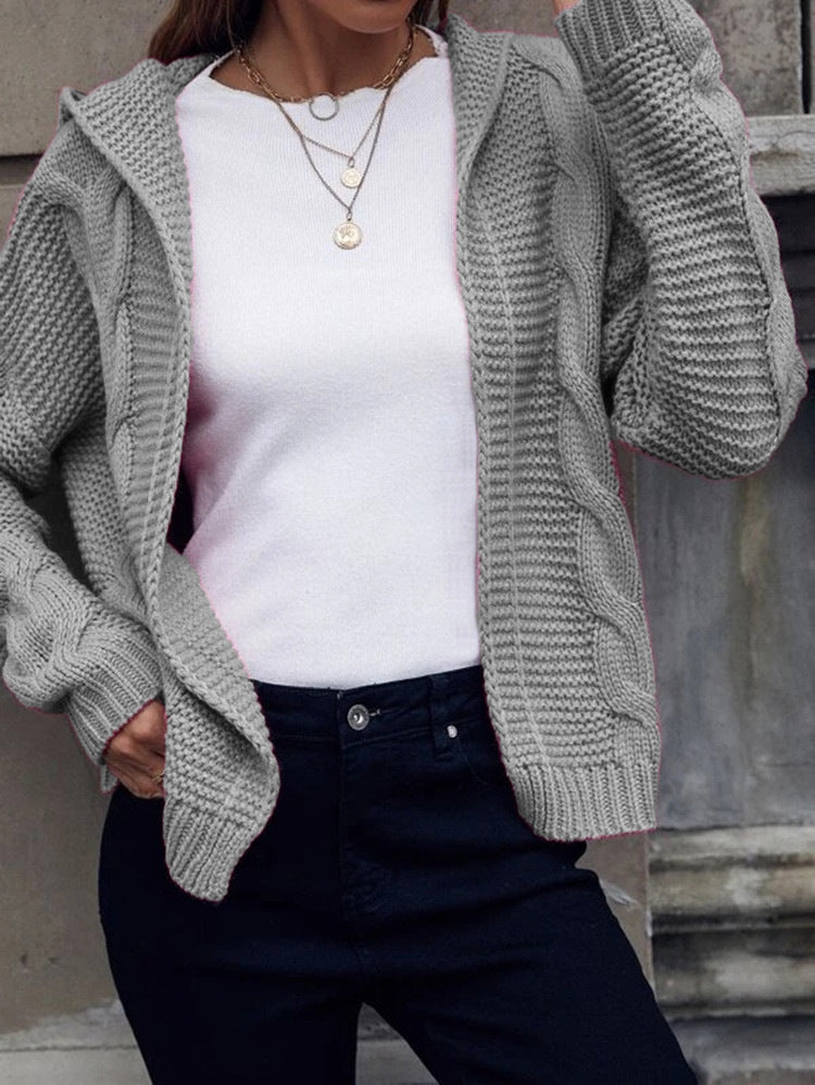 Women's Hooded Cable Knit Cardigan with Relaxed Fit