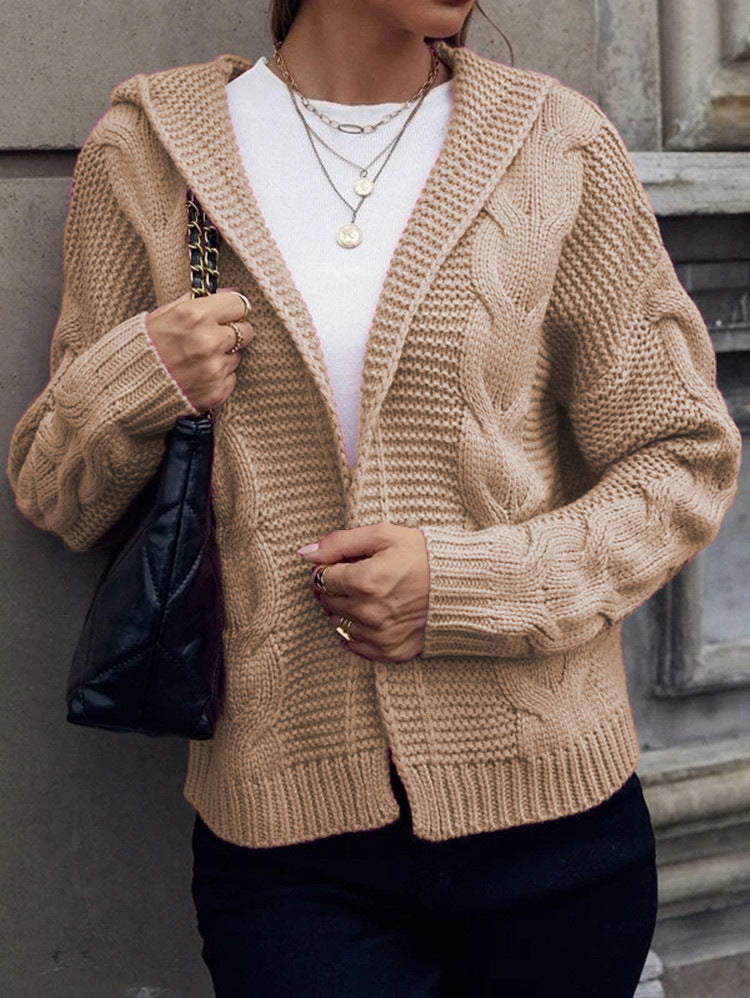Women's Hooded Cable Knit Cardigan with Relaxed Fit