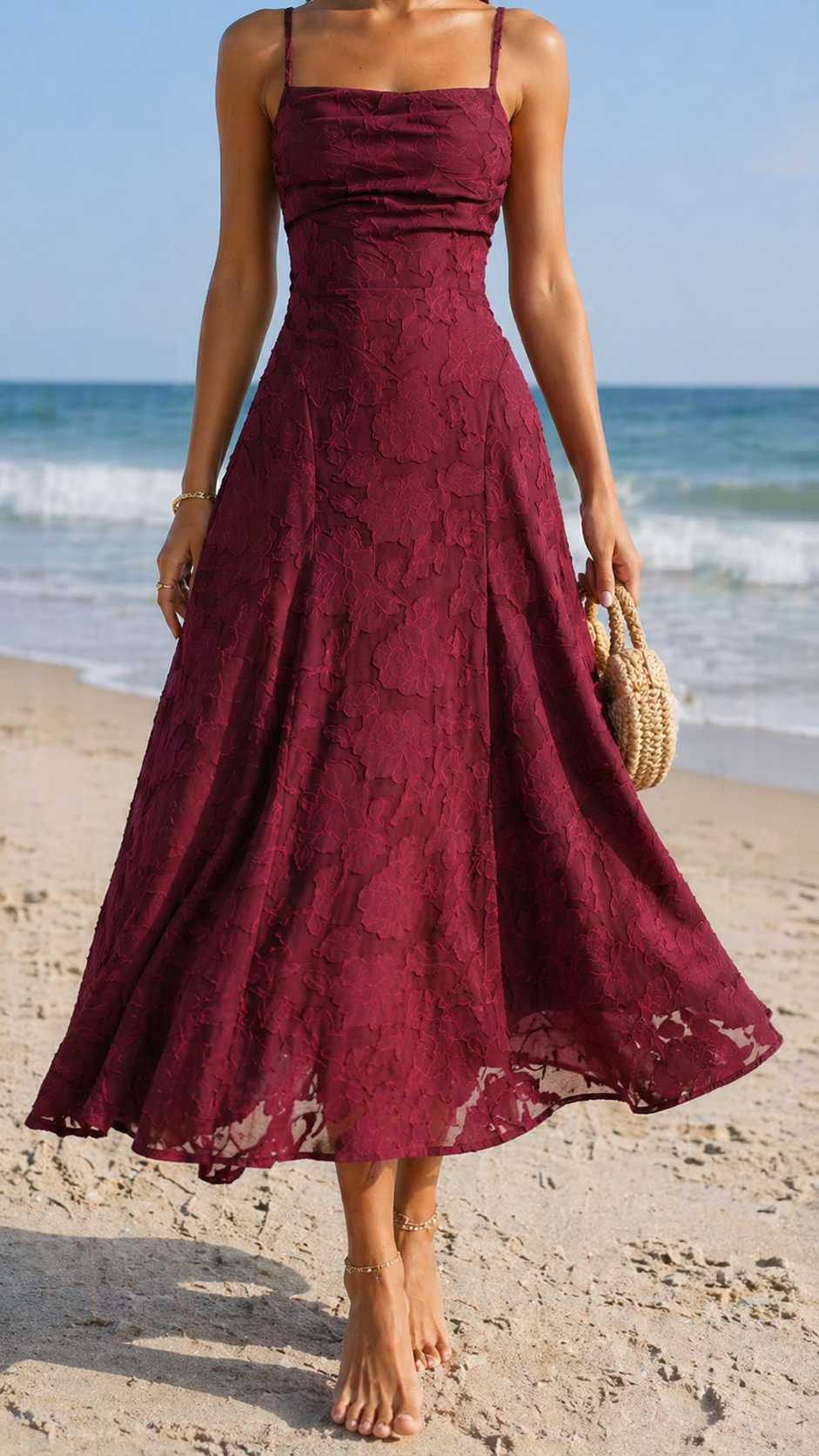 Women's Jacquard Maxi Dress in Burgundy