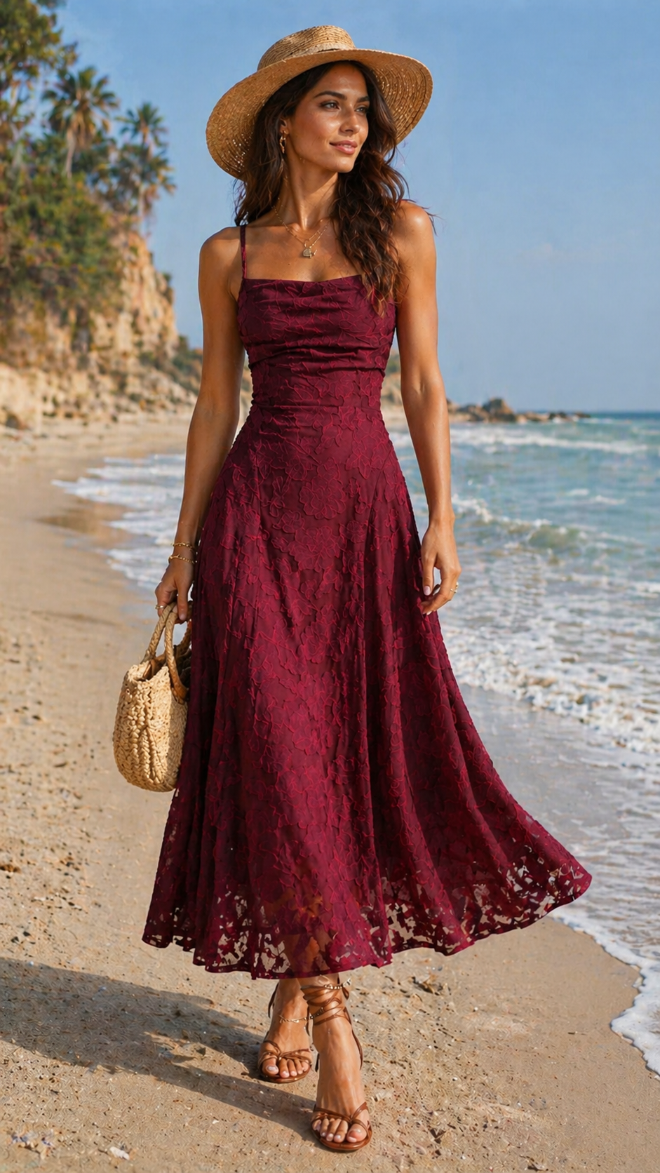 Women's Jacquard Maxi Dress in Burgundy